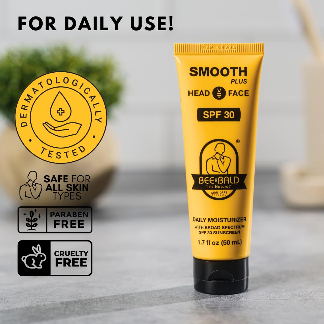 Bee Bald SMOOTH PLUS Daily Moisturizer with SPF 30 Broad Spectrum Sunscreen Tones, Hydrates & Moisturizes While Protecting Skin From Harmful UVA/UVB Rays, 1.7 Fl Oz