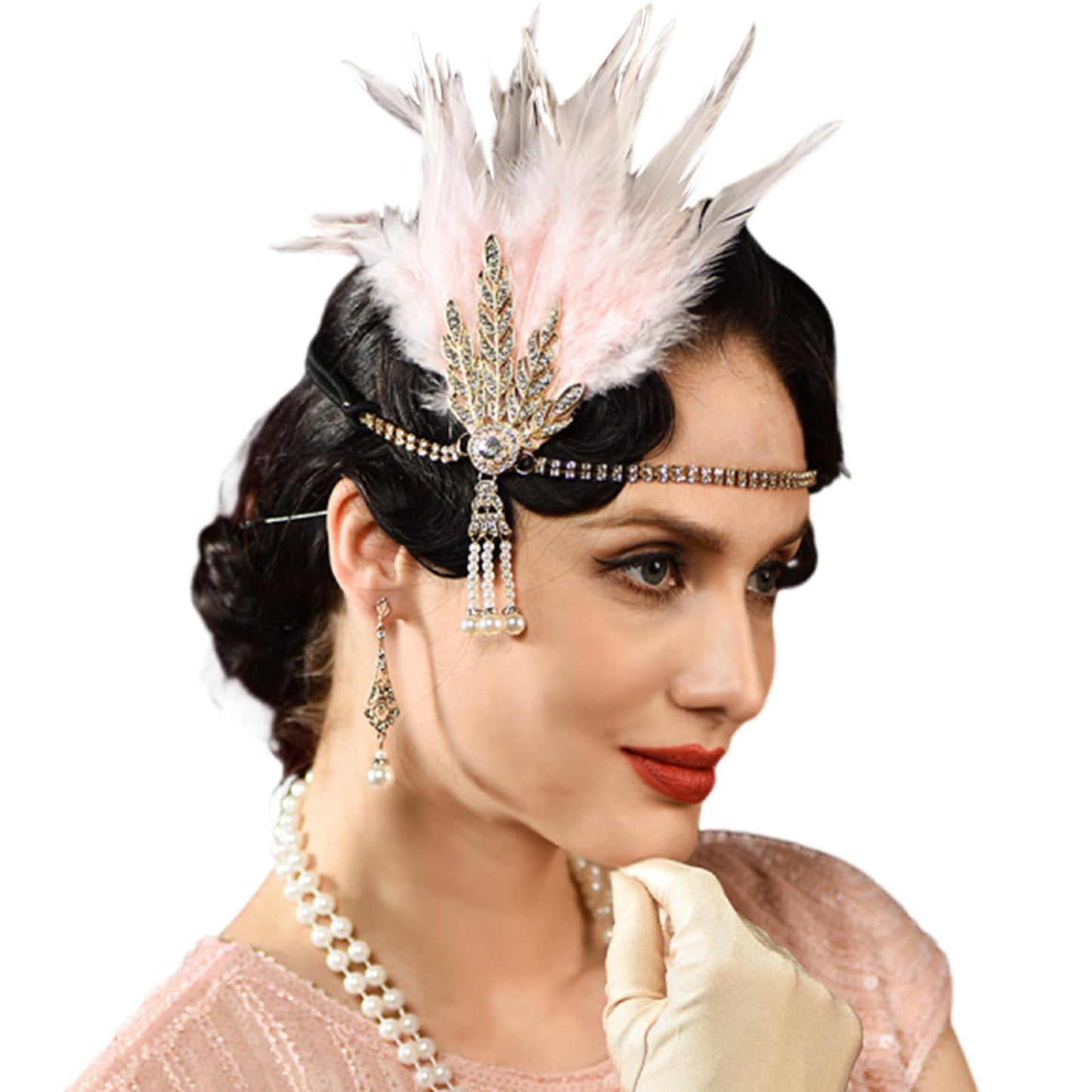 VENOFEN 1920s Flapper Headpiece Pink Feather Gatsby Headband Great Gatsby Headpiece Roaring 20s Feather Headpiece Pearl Tassel 20s Accessories for Women and Girls