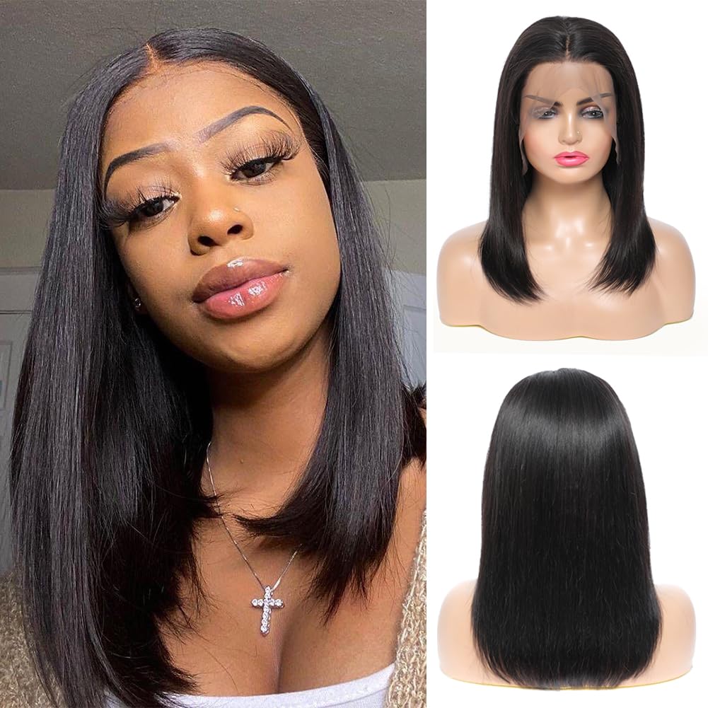 X-TRESS Bob Wig Human Hair Glueless Wig Wear and Go 13x4 HD Lace Front Wigs Human Hair Natural Black Pre-plucked Tiny Knots 14 Inch Short Straight Bob Wigs for Black Women 100% Brazilian Human Hair