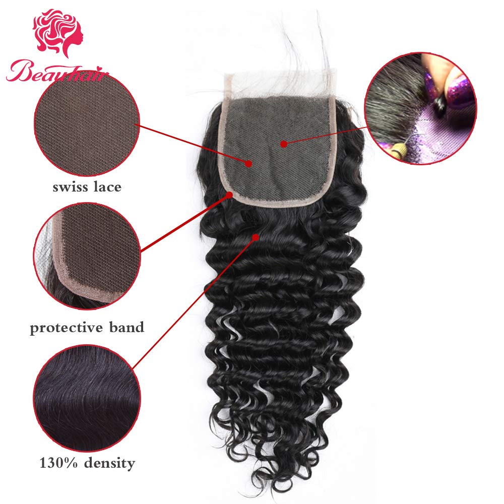Beauhair Brazilian Hair Deep Wave 3 Bundles with Lace Closure Free Part Virgin Hair Unprocessed Natural Color Deep Wave Bundles with Closure (16 18 20+14, Natural Color)