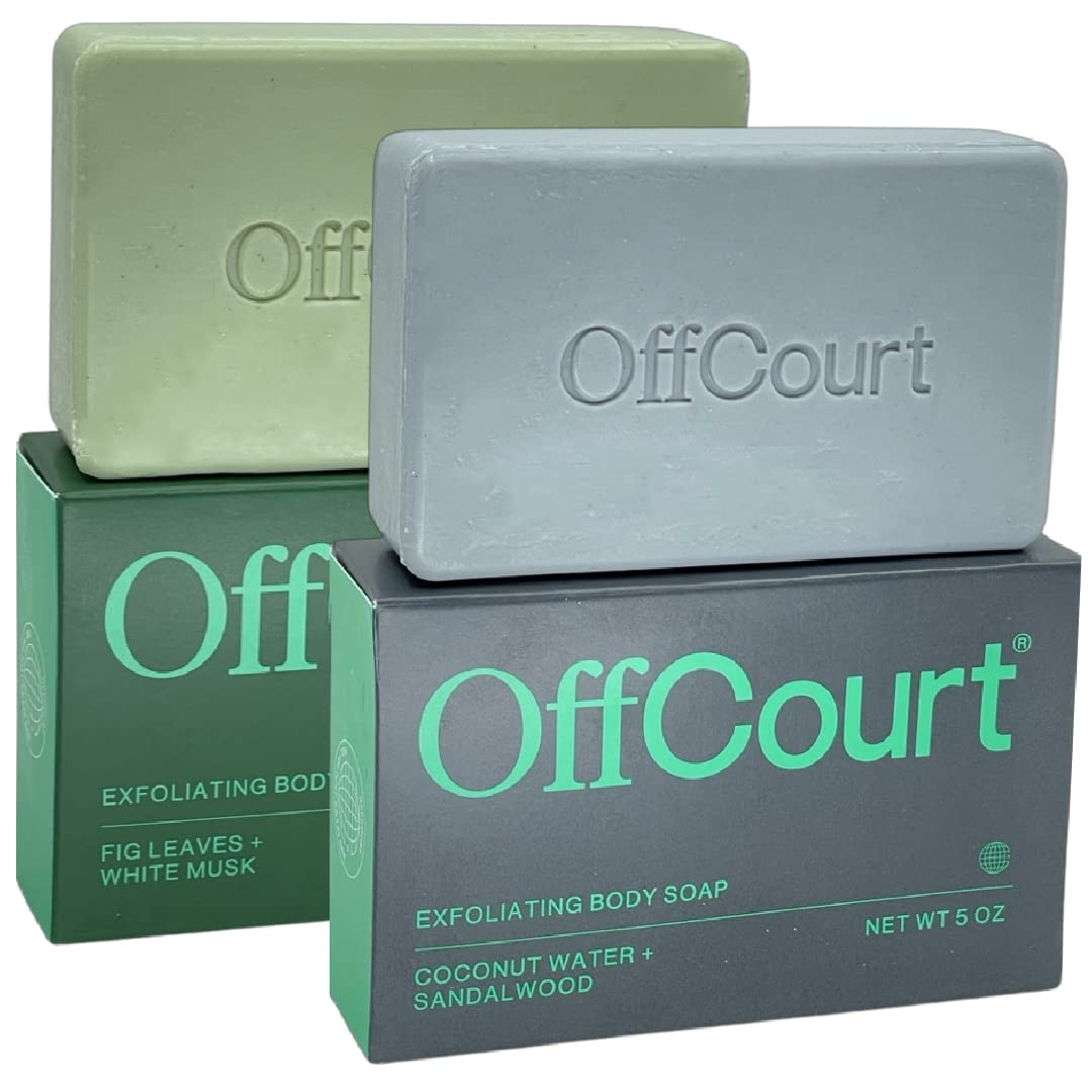 OffCourt Exfoliating Bar Soap – Whole Body, Deep Cleansing and Hydrating Soap for Men & Women - All Skin Types - Non-Drying Bar - Fig Leaves + White Musk & Coconut Water + Sandalwood (5oz, 2 Pack)