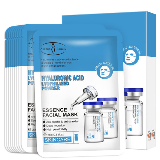 AICHUN BEAUTY Essence Facial Mask Tencel Material Anti-acne Anti-wrinkles Repair After Sun Moisturizing Deep Cleaning Contractive Pore 25ml/0.88fl.oz X 10pcs (HYALURONIC ACID LYOPHILIZED POWDER(10pcs))