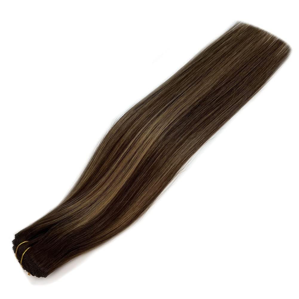 Brown Clip in Medium Length Real Human Hair Extensions 16 Inch Balayage Brown Hair Extensions Easy to Use with Clips 120g