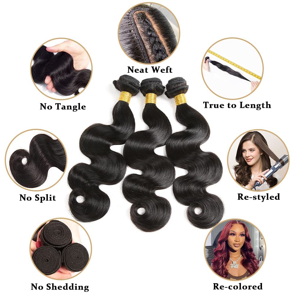 Brazilian Virgin Body Wave Bundles With Closure Three Part Unprocessed Virgin Human Hair Extension Hair Weave Bundles With Lace Closure 4X4 Natural Color (10 12 14+10 Inch)