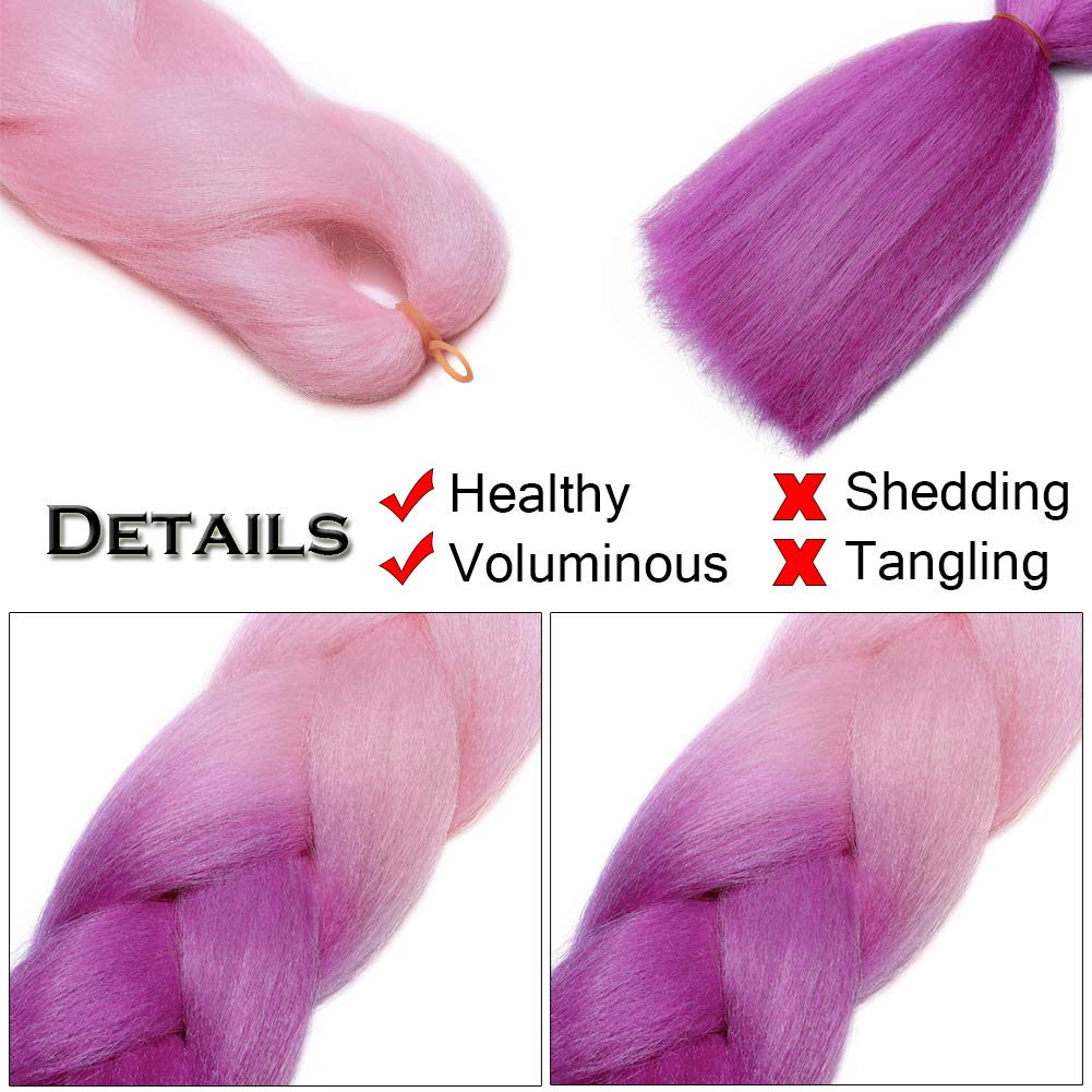 Benehair Ombre Braiding Hair 6 Bundles/lot 24inch Jumbo Braiding Hair Extensions High Temperature Synthetic Braid Hair Braiding Hair Pre Stretched Braid Extensions (Light Pink+Purplish Red)