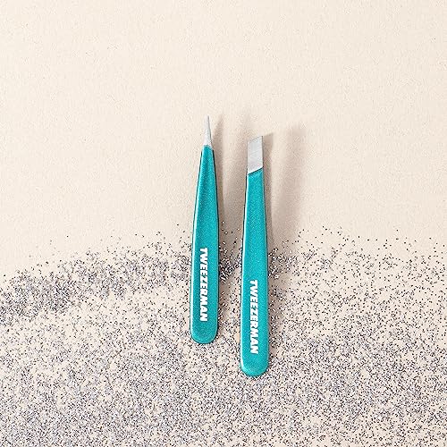Tweezerman Majestic Turquoise Micro Mini Slant & Point Tweezer Set - Eyebrow Tweezers for Women and Men