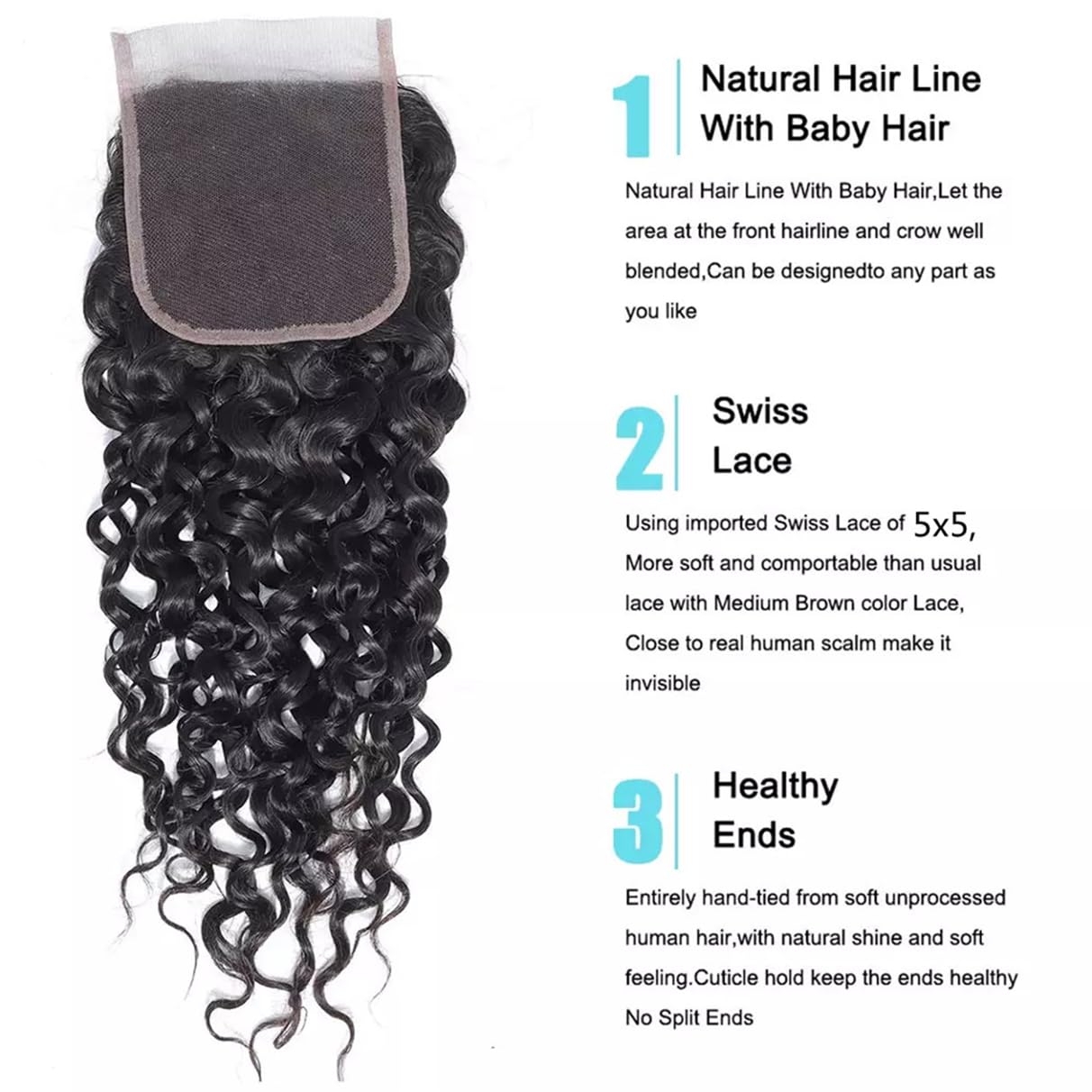 Brazilian Water Wave 5x5 Lace Closure 100% Unprocessed Human Virgin Hair Natural Wave Closure Pre-Plucked Hairline Wet And Wavy Curly Closure With Baby Hair (20inch, 5x5 water wave closure)