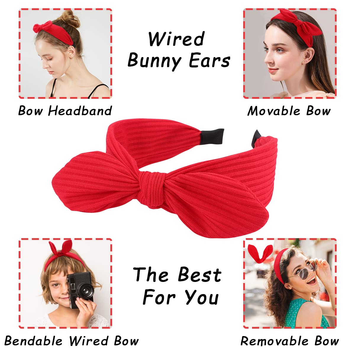 TOBATOBA Knotted Bow Headbands - Diademas Para Mujer De Moda, Vintage Bunny Ears, Wide Top Knot Hair Bands for Women and Girls, No Slip Fashion