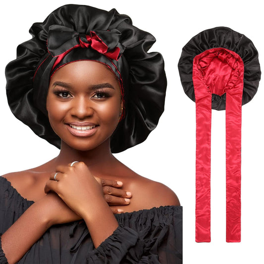 Satin Bonnet Silk Hair Bonnets for Women Curly Hair Wrap for Sleeping Cap Reversible Bonnet with Tie Band Night Cap Double Layer Sleep Cap for Curly Hair (Black + Red)