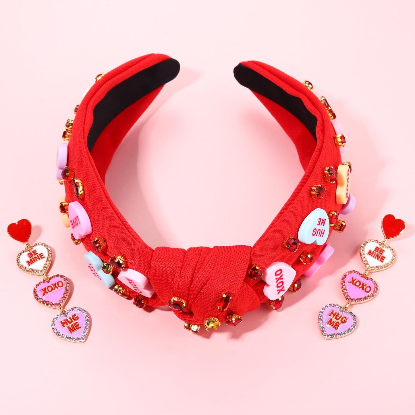 Valentine’s Day Headband for Women Love XOXO Heart Headbands Jeweled Conversation Heart Knotted Headband Pink Red Rhinestone Crystal Top Knot Headband Valentine’s Day Accessories Gifts (Red Set)