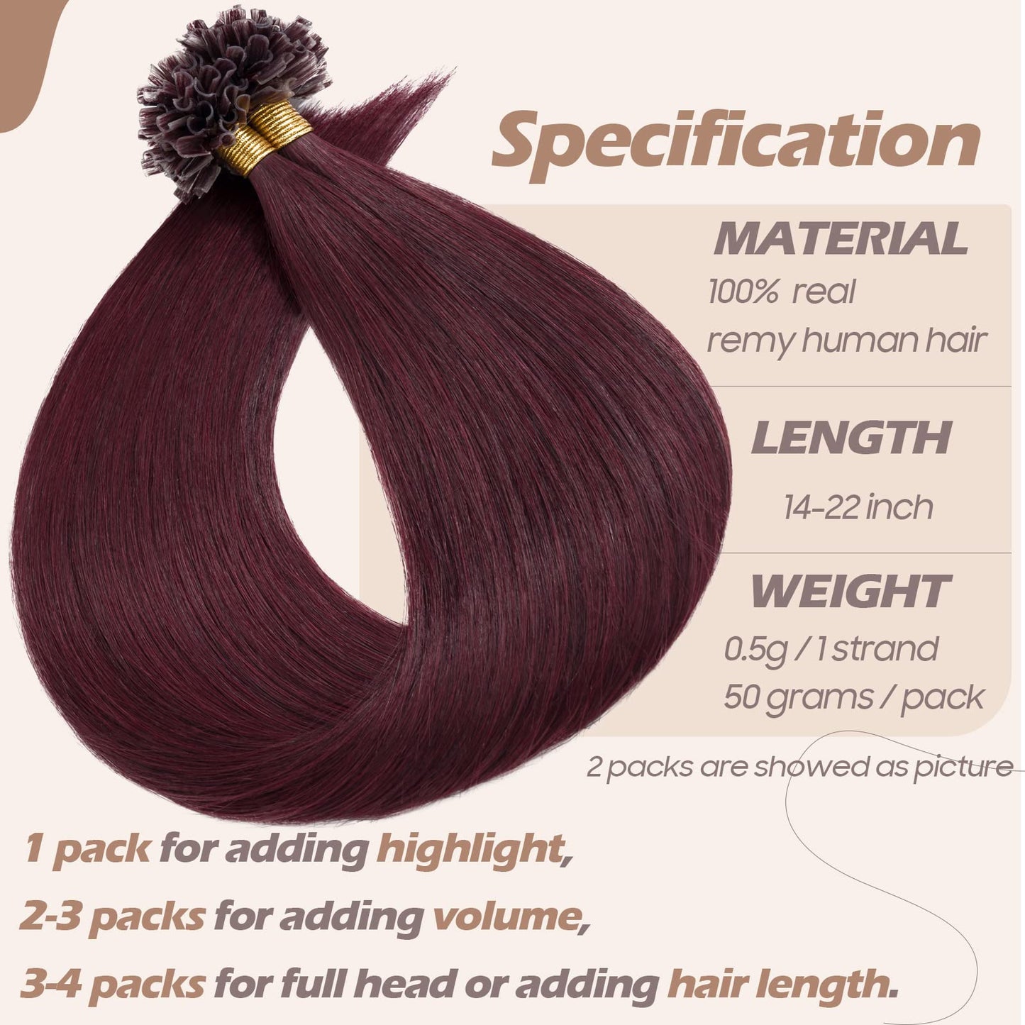 S-noilite U Tip Hair Extensions Human Hair Burgundy U Tip Fusion Hair Pre Bonded Nail Tipped Hair Italian Keratin Glue Remy Human Hair Straight 100 Strands/50g 22 Inch (#99J Wine Red)