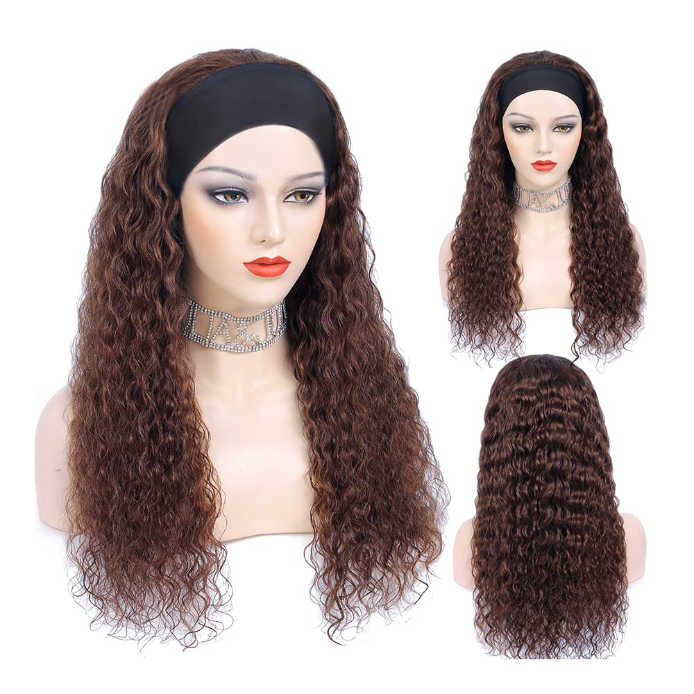 YiweYowe 26 Inch #4 Brown Water Wave Headband Wig Human Hair 150% Density Brazilian Human Hair No Lace Wig Chocolate Brown Human Hair Full Head Machine Made Half Headband Wigs
