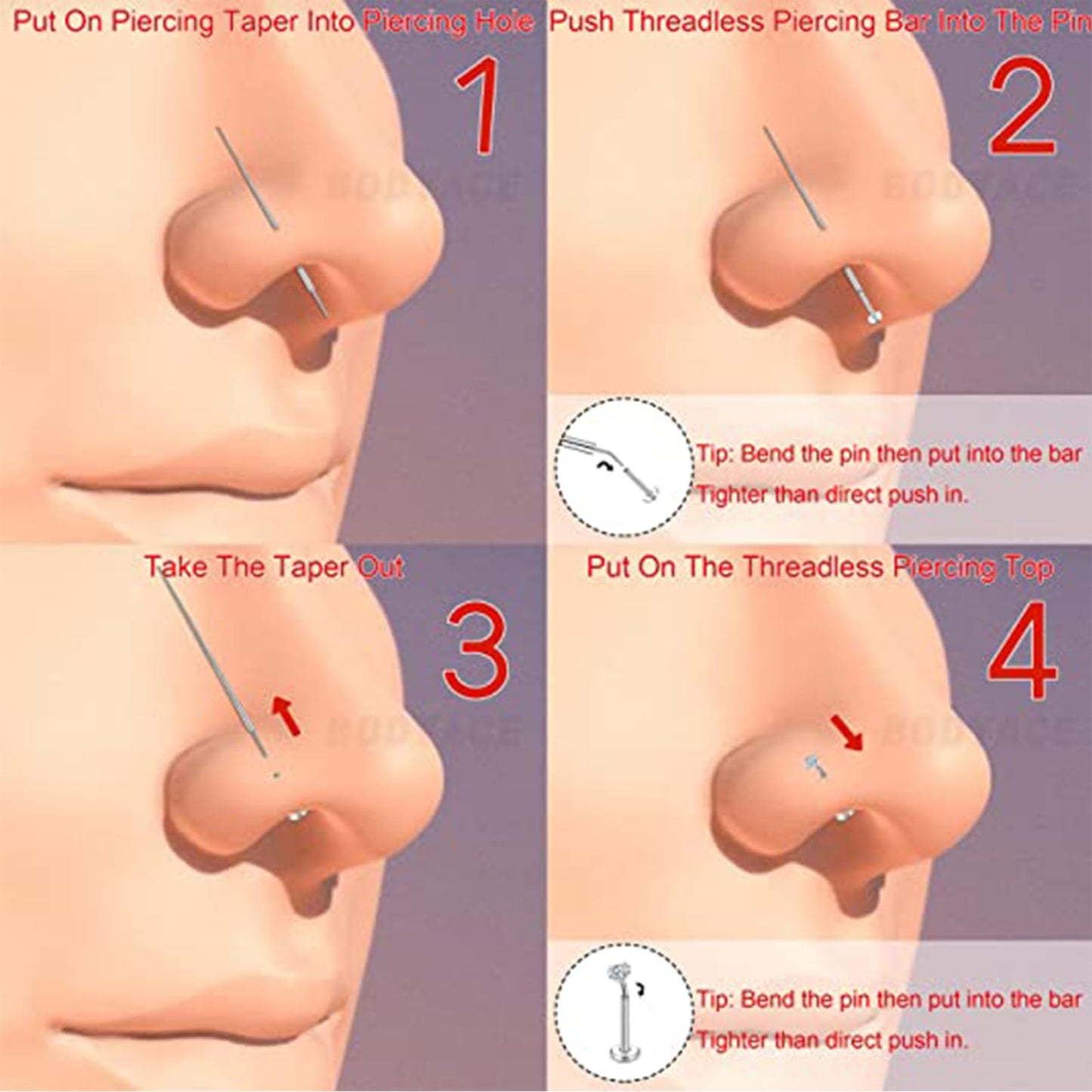 QWALIT Piercing Taper Threadless Piercing Changing Tool Piercing Taper Insertion Tool Piercing Threader Tool Flat Back Earring Applicator Tool Threadless Labret Titanium Threadless Insertion Pin 16g