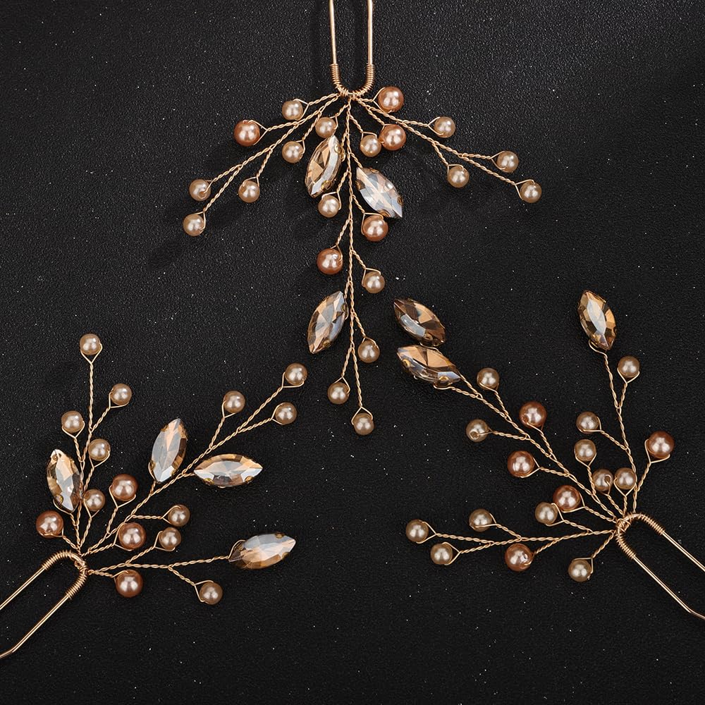 Teyglen 3pcs Crystal Pearl Bridal Hair Pins Pearl Bride Wedding Hair Pins Set for Bride Wedding Hair Accessories Handmade Red Black Champagne Pearl Hair Pieces for Women Bridesmaid Girls (Champagne)