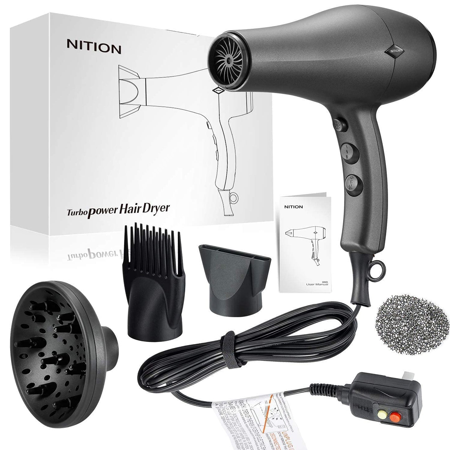 NITION Pro Salon Hair Straightener Flat Iron Gold and Black Hair Dryer with 3 Attachments Diffuser/Comb Set