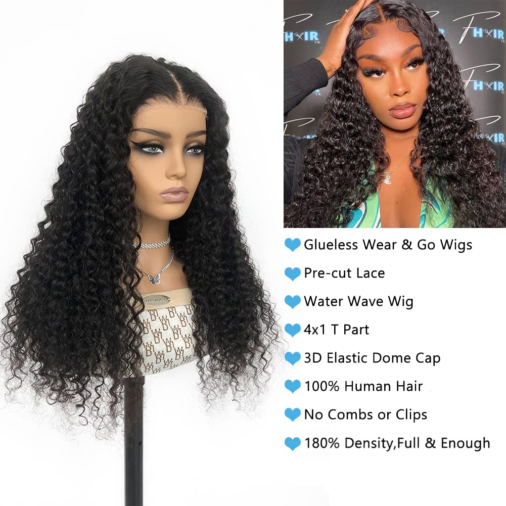 4GIRL4EVER Wet and Wavy Glueless wigs human hair Wear & Go Wigs T Part Lace Front Wigs Pre-cut 4x1 HD Lace Closure Human Hair Wigs for Black Women Water Wave Wig 180% Density Natural Black 20 Inch