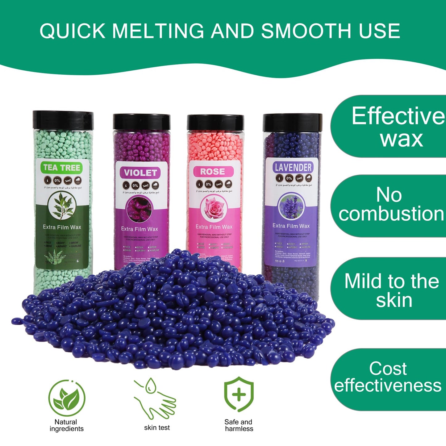 Pmuul Hardwax Bead, 400g Hard wax bean, Sensitive skin wax beads for facial, arm, leg, underarm, bikini and Brazilian hair removal, Tea plant