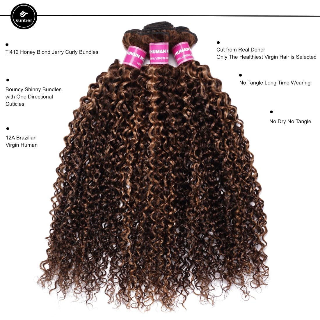 Sunber Human Hair Bundle Honey Blonde Highlight Curly Human Hair Weave Bundle 12A Brazilian Remy TL412 Highlights Balayage Color 22"Inch Human Hair Weave Sew in Extension