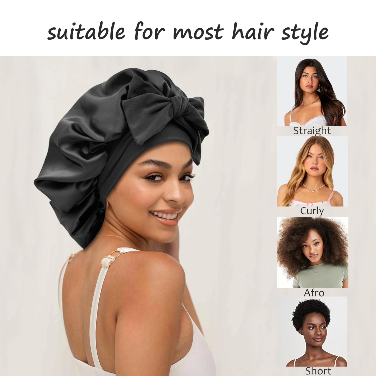 Satin Bonnet Silk Bonnet for Sleeping Women Hair Bonnet for Curly Hair Head Wrap Scarf Night Sleep Cap Bonnets for Black Woman Hair Accessories for Women Men Girls with Elastic Tie Band(Black)