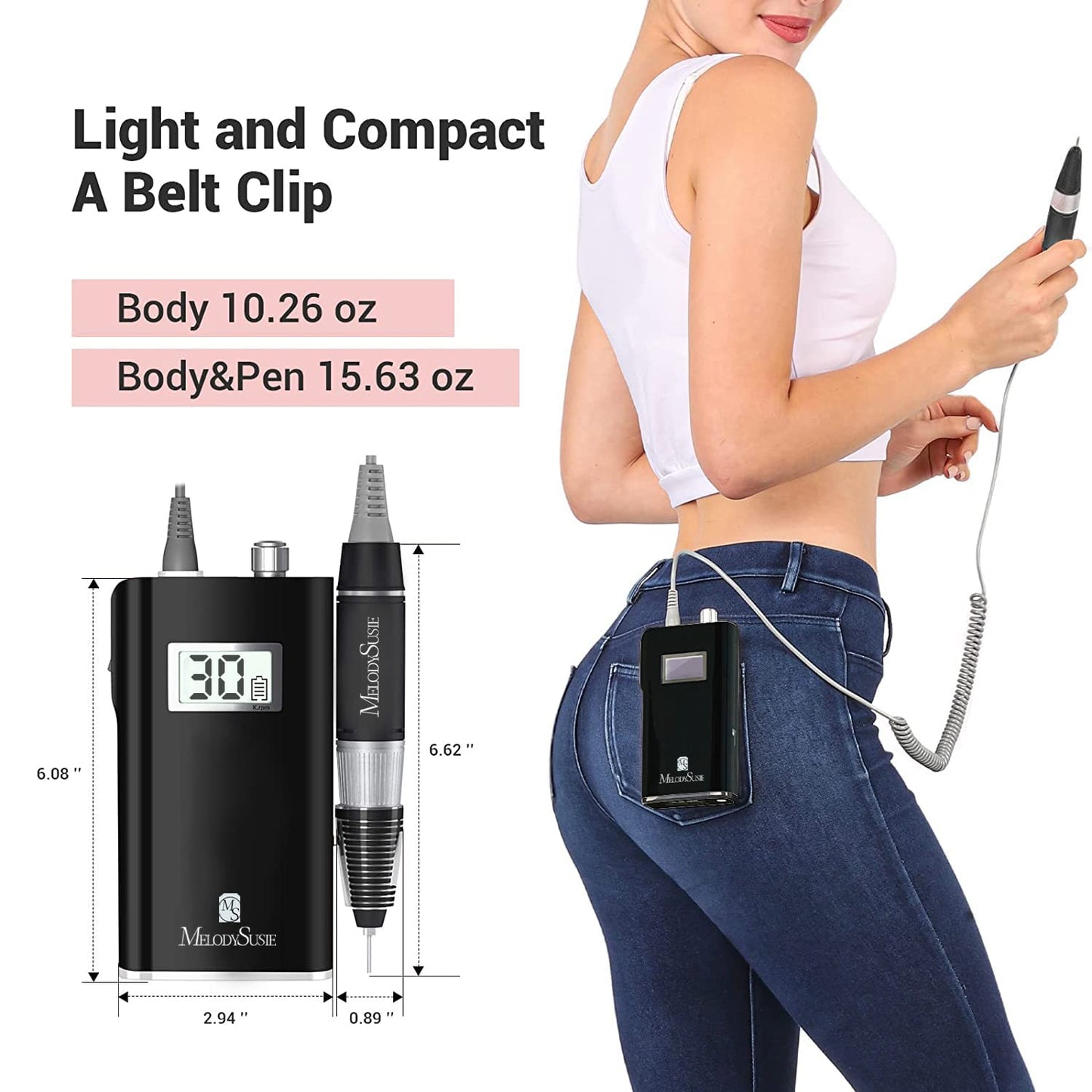 MelodySusie Professional Rechargeable 30000 RPM Nail Drill, Portable E-File with Long Life Battery, Electric Tool for Acrylic Nail Natural Polygel, High Speed, Low Heat with 300Pcs Sanding Bands