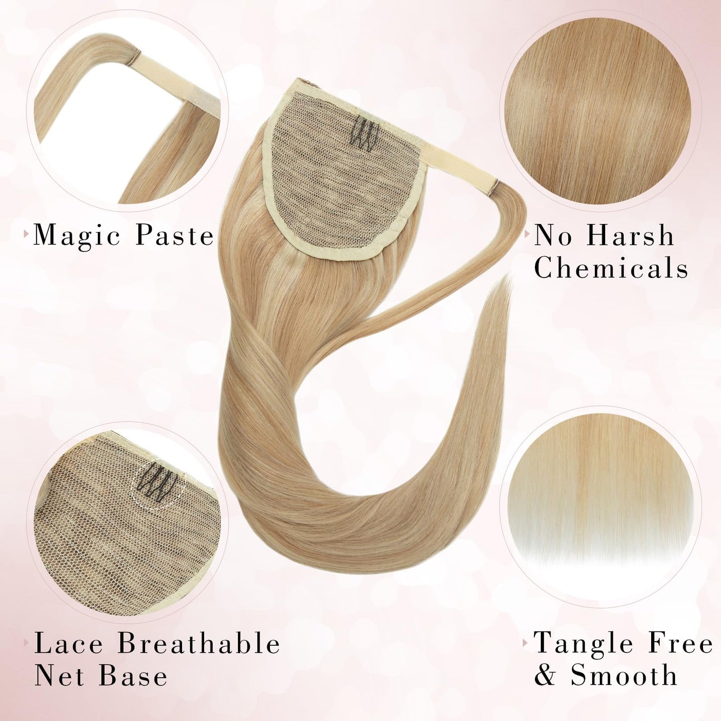 SEGO Pro Ponytail Extensions Human Hair Long Ponytail Hair Extensions with Magic Paste Wrap Around Clip in Ponytail Extensions Real Human Hair,16inch #18P613 Gold Blonde Mixed Bleach Blonde,80g
