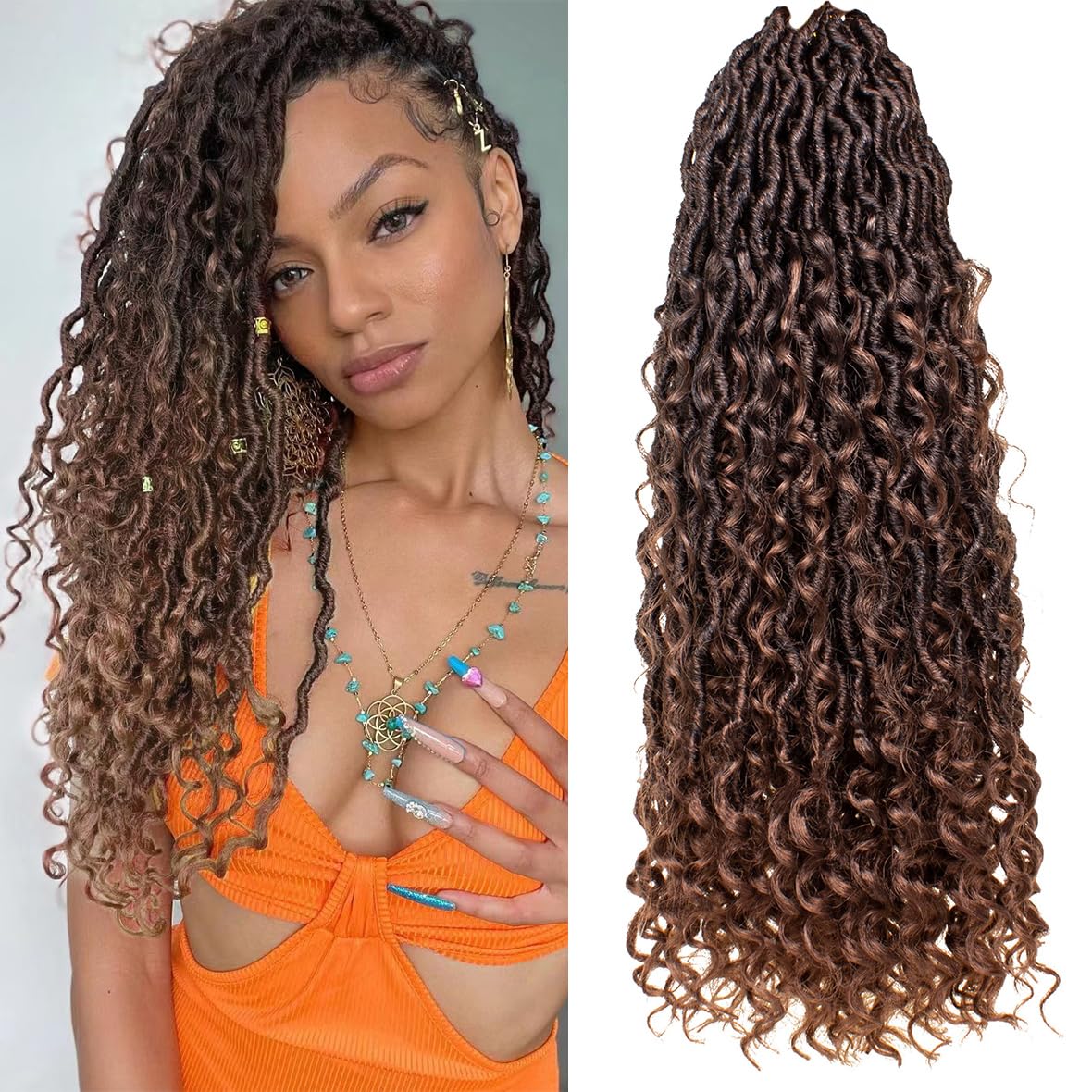 Beverlee 18 Inch Goddess Locs Crochet Hair 8 Pcak Boho Faux Locs Boho Goddess Locs Crochet Locs Pre Looped Soft Hippie Locs Synthetic Bohemian Curly Crochet Locs Hair for Black Women T30#