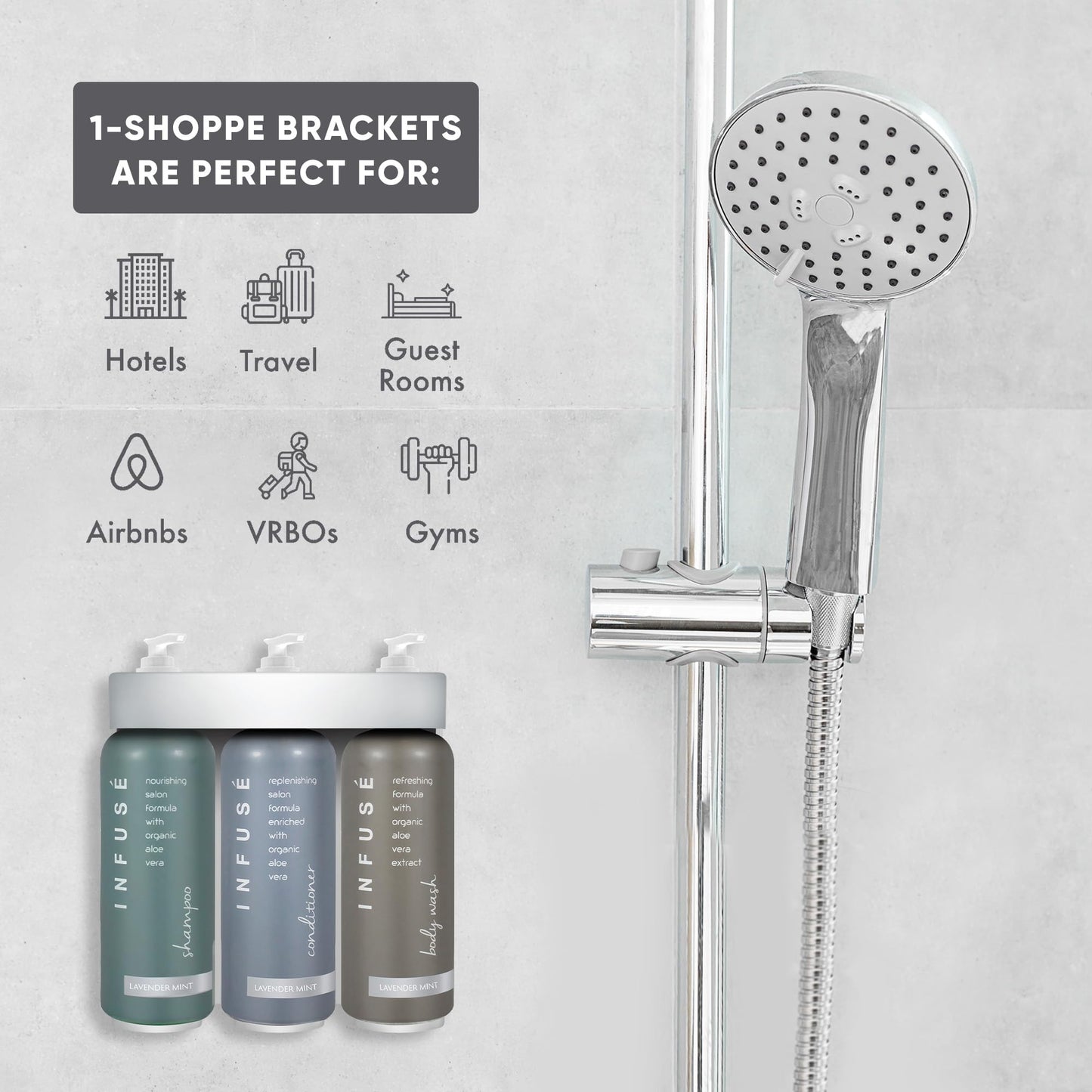 Acquavera Triple Bracket (Silver) with Infuse Lavender Mint Shampoo, Conditioner and Body Wash