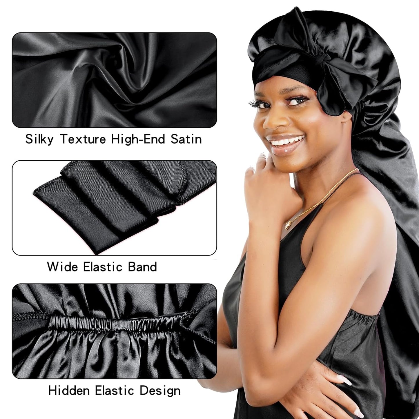 BONNET QUEEN Braid Bonnet Silk Bonnet Foldable Extra Long Bonnet for Braids Satin Bonnet for Sleeping Hair Bonnet with Tie Band Long Sleep Cap Black