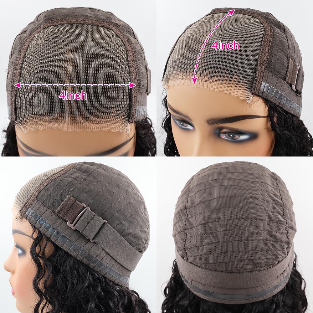 Real Wear And Go Short Curly Wig Human Hair 180% Density Black Water Wave Bob Wigs Human Hair Glueless Pre-cut 4x4 Lace Closure Wig Brazilian Human Hair 10Inch