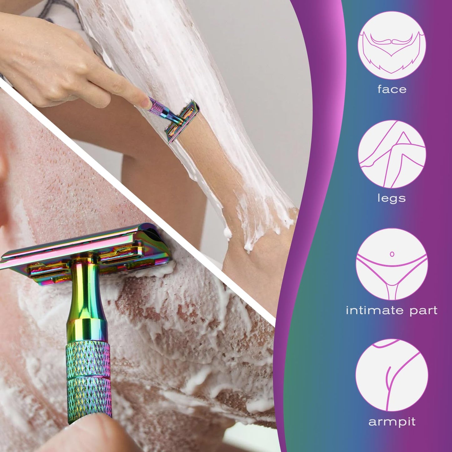 Safety Razor for Women and Men, Single Blade Razors for Men and Women, Reusable Metal Razors, with 10 Platinum Coated Safety Razor Blades, Face Razors for Men Shaving, Sustainable, Rainbow