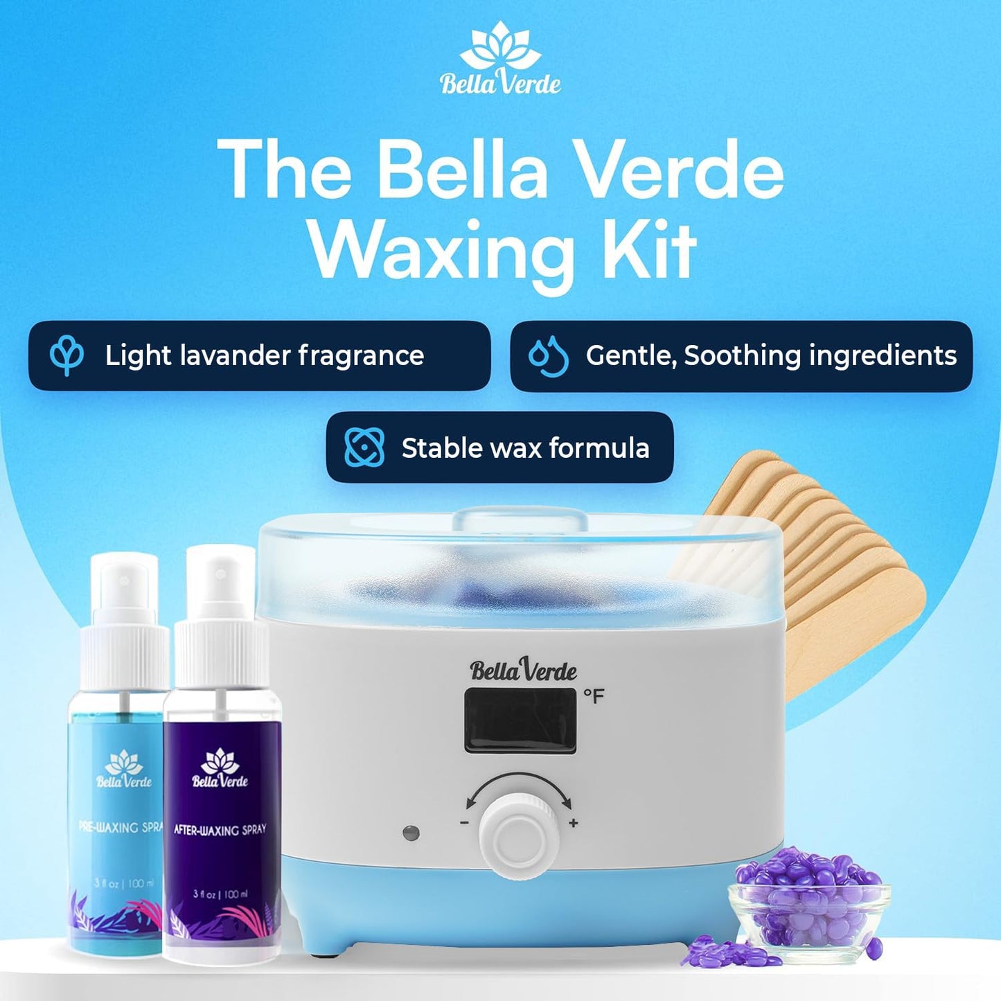 Bella Verde Waxing Kit - Home Wax Kit for Women and Men - Wax Warmer - 5+1 Packs of Wax Beads - Pre & Post Wax Spray 20 Wood Sticks - Hard Wax Beans for Brazilian Body Legs Eyebrows Face Lips