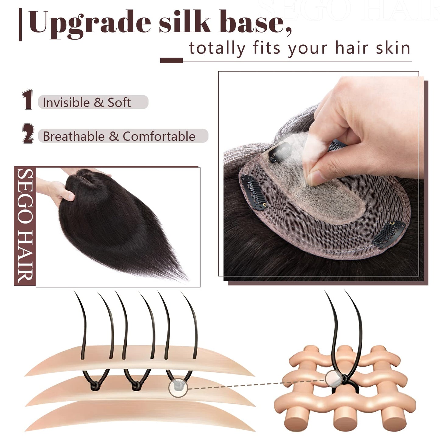 SEGO Clip in Hair Topper For Women, No Bangs Remy Human Hair Toppers Silk Base Top Wiglet Hairpieces for Hair Loss Thinning Hair Cover Grey Hair 4 Clips