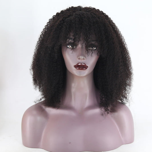 zigzag hair Afro Kinky Curly Wig with Bangs Human Hair, Natural Hair Wig for Black Women 210% Density Full Machine Made Wig 4B 4C Short Curly Bang Wig (16 Inch)