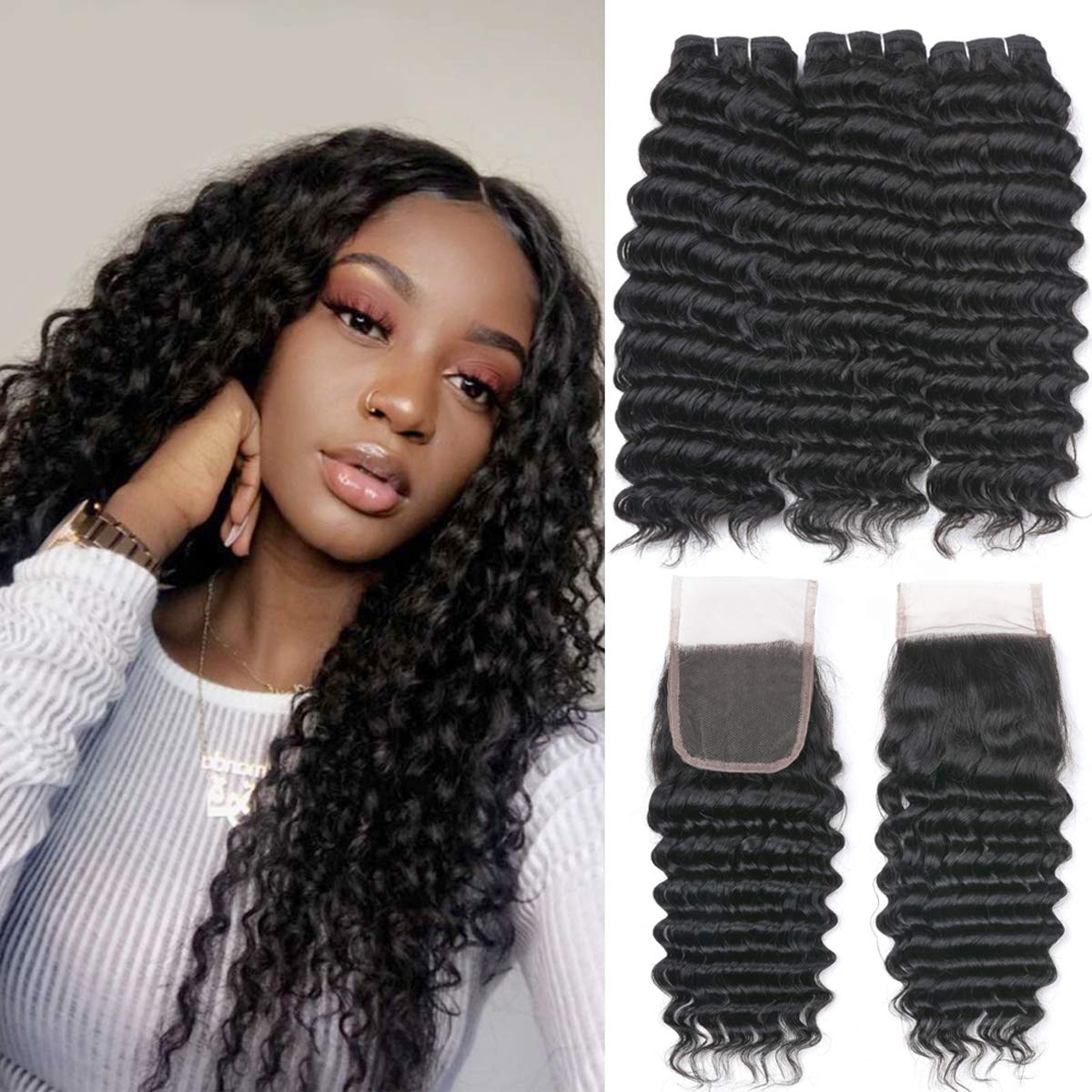 Beauhair Brazilian Hair Deep Wave 3 Bundles with Lace Closure Free Part Virgin Hair Unprocessed Natural Color Deep Wave Bundles with Closure (16 18 20+14, Natural Color)