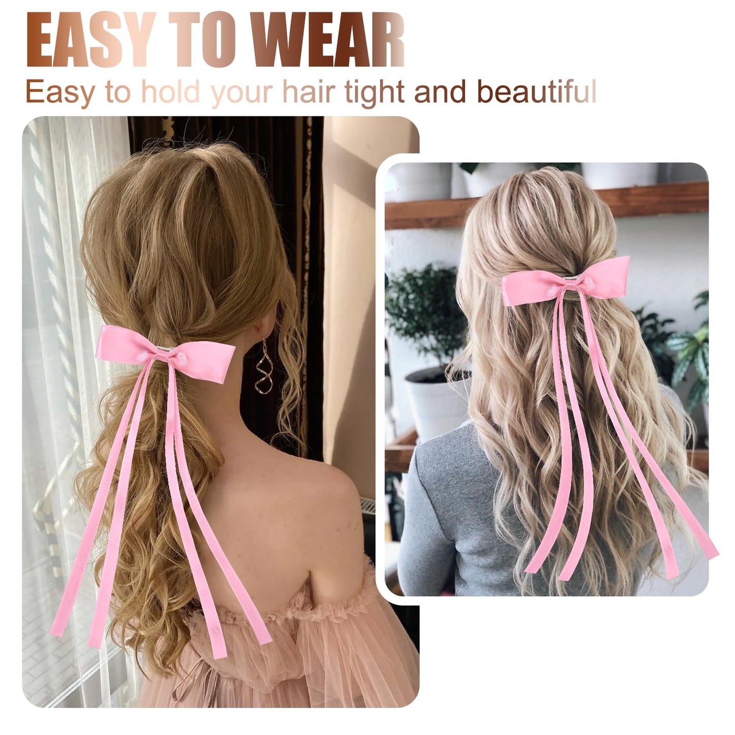 Vodolo Pink Hair Bows for Women,4 PCS Large Bow Hair Clips Tassel Ribbon Bowknot With Long Tail,Ribbon Hair Bows Barrettes for Thick Thin Hair,Nonslip Hair Accessories Christmas Birthday Gifts