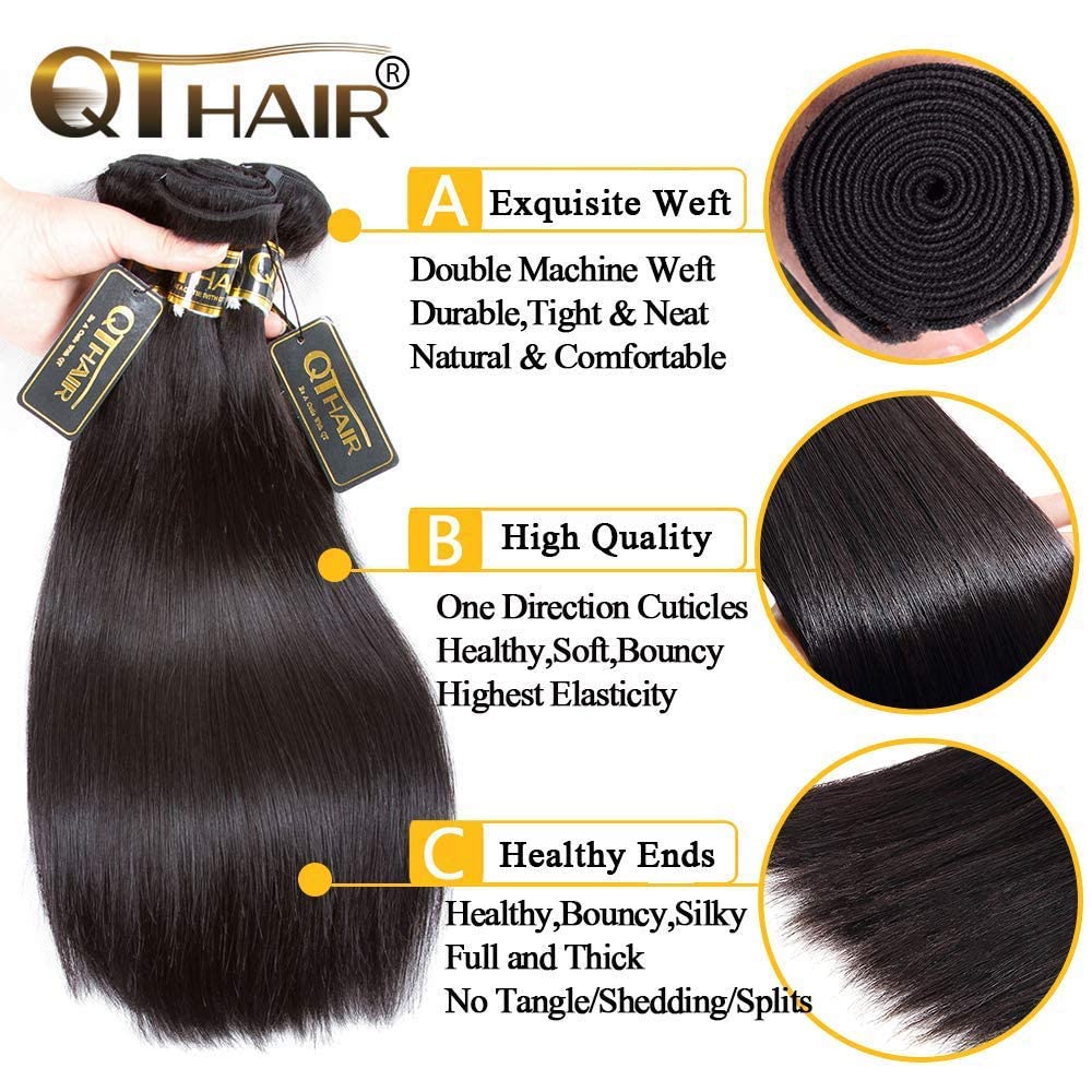 QTHAIR 14A Brazilian Straight Hair 3 Bundles with Transparent HD Lace Closure(12" 14" 14" with 10") Brazilian Straight Virgin Hair Weave 100% Unprocessed Brazilian Hair Straight Human Hair Weave