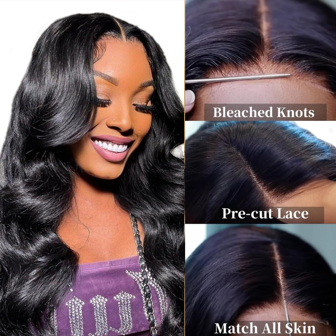 B-fashion Wear and Go Glueless Wig 24 Inch Body Wave 4x4 Lace Closure Wigs Pre Cut Lace Front Wigs Human Hair Pre Plucked Human Hair Wigs for Women Beginners (Natural Black)