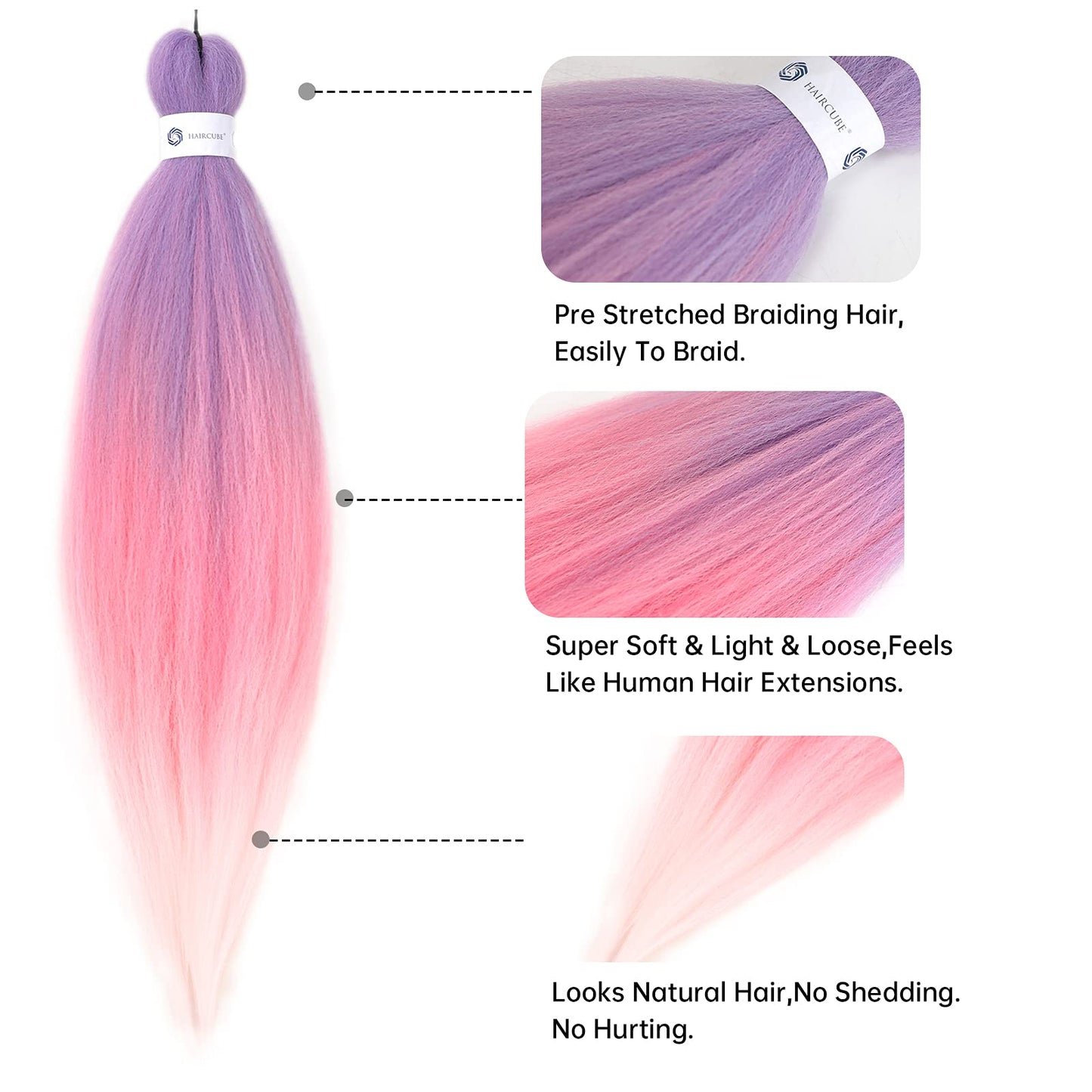 Pre-Stretched Braiding Hair Ombre Pink Braiding Hair Extensions 26 Inch 6 packs Hot Water Setting Professional Soft Yaki Synthetic Crochet Braids（Purple to Pink to White）