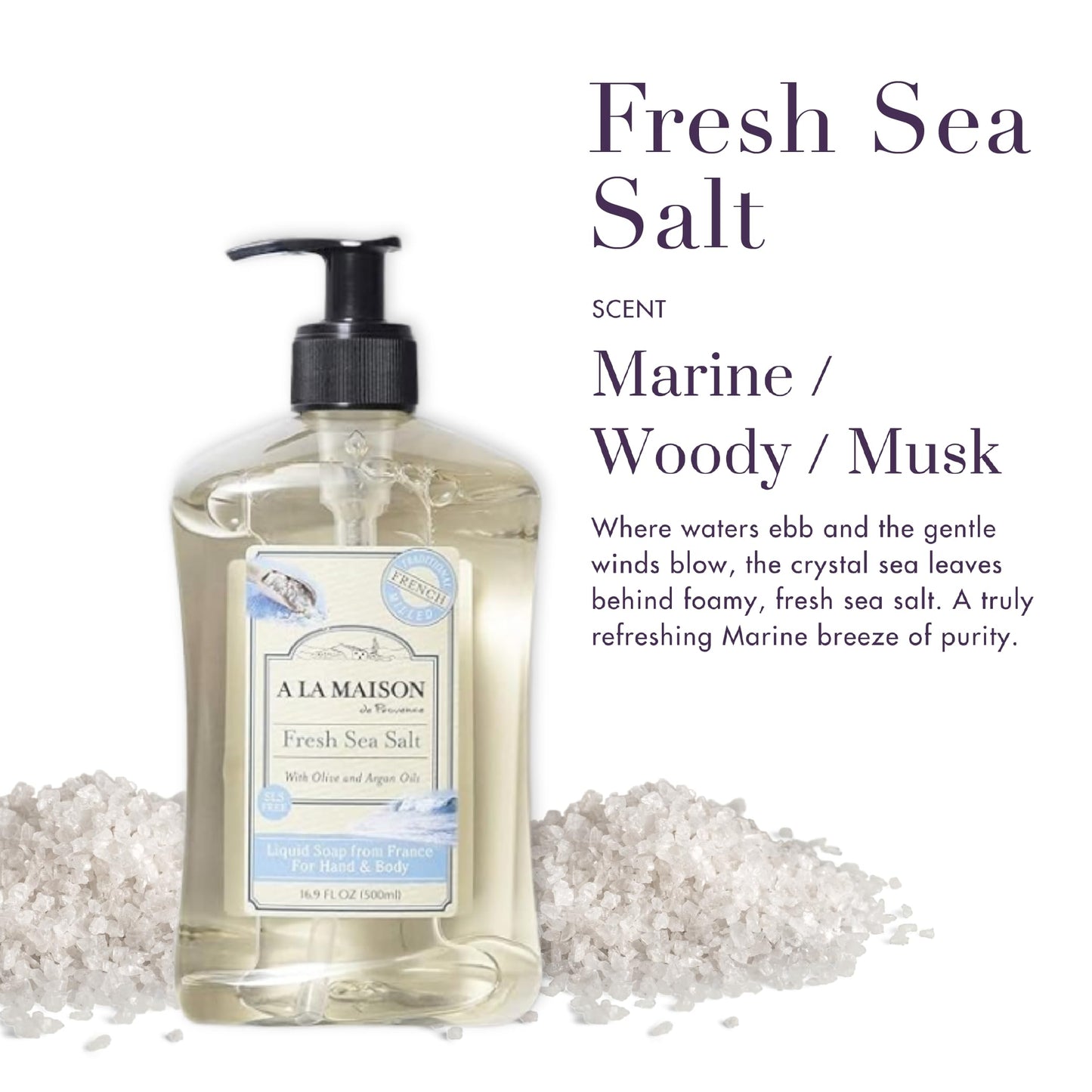 A LA MAISON French Liquid Hand Soap, Fresh Sea Salt - Natural Hand Wash Made with Essential Oils - Biodegradable, Plant-Based, Vegan, Cruelty-Free, Alcohol & Paraben Free (16.9 oz, 1 Pack)