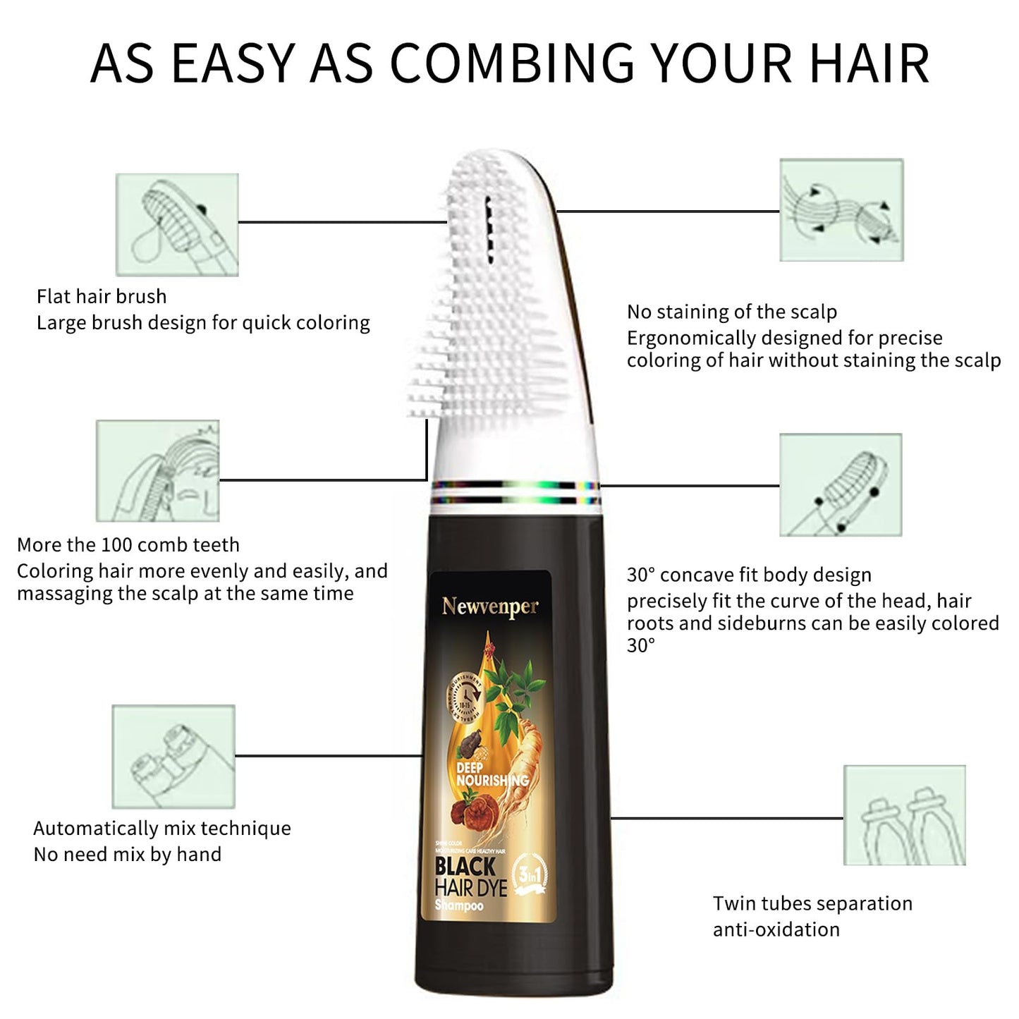 Newvenper Black Hair Comb Dye Shampoo For Gray Hair and Beard Coverage,Instant Dye and Long-lasting Hair Color Shampoo in Minutes Travelling Outfit,For Women Men Easy Comb Dyeing 200ML
