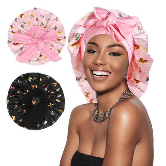 Arqumi Pack of 2 Satin Sleeping Bonnet, Large Satin Sleep Bonnet, Long Strap, Adjustable Sleep Cap Hair Bonnet with Butterfly Pattern, Black+Pink