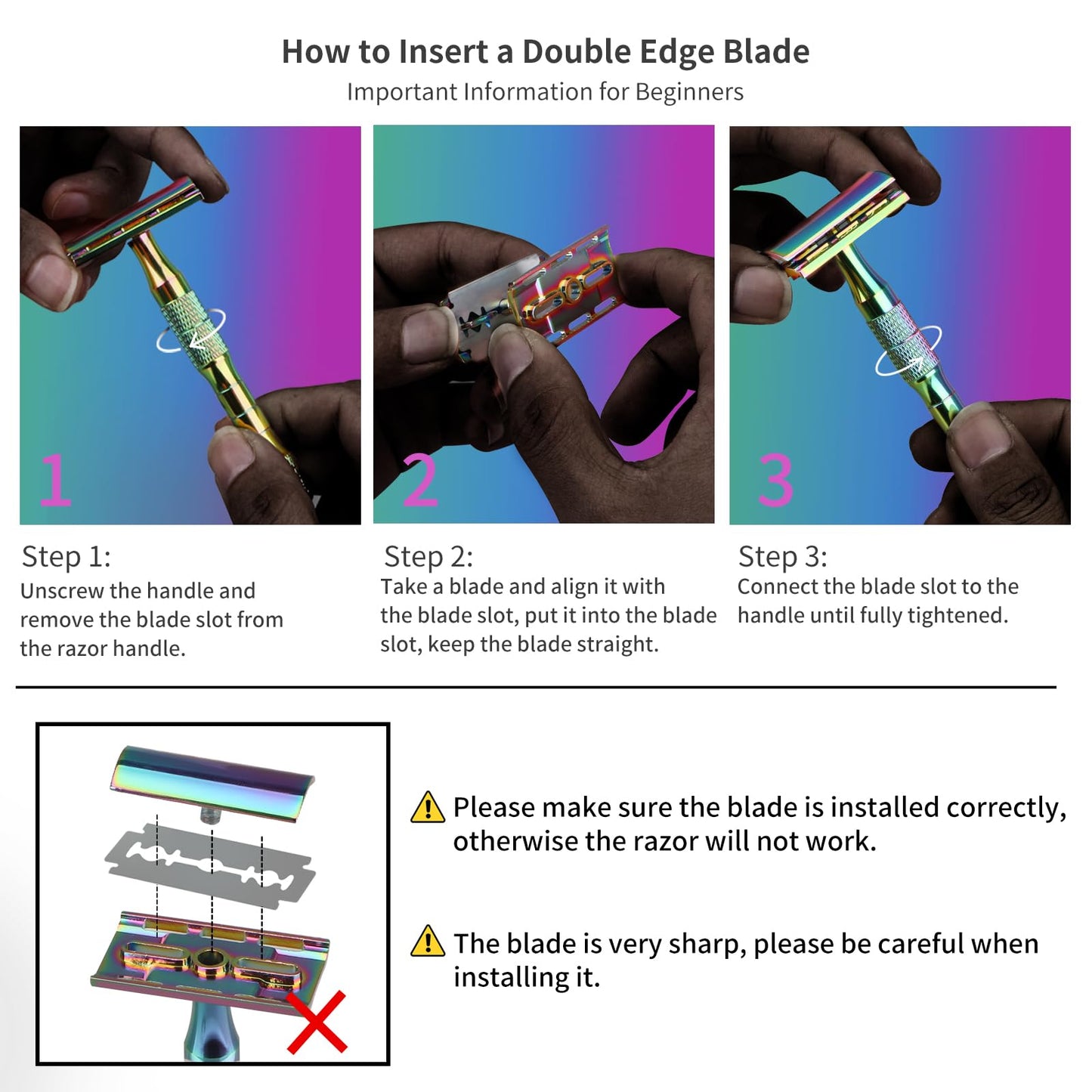 Safety Razor for Women and Men, Single Blade Razors for Men and Women, Reusable Metal Razors, with 10 Platinum Coated Safety Razor Blades, Face Razors for Men Shaving, Sustainable, Rainbow