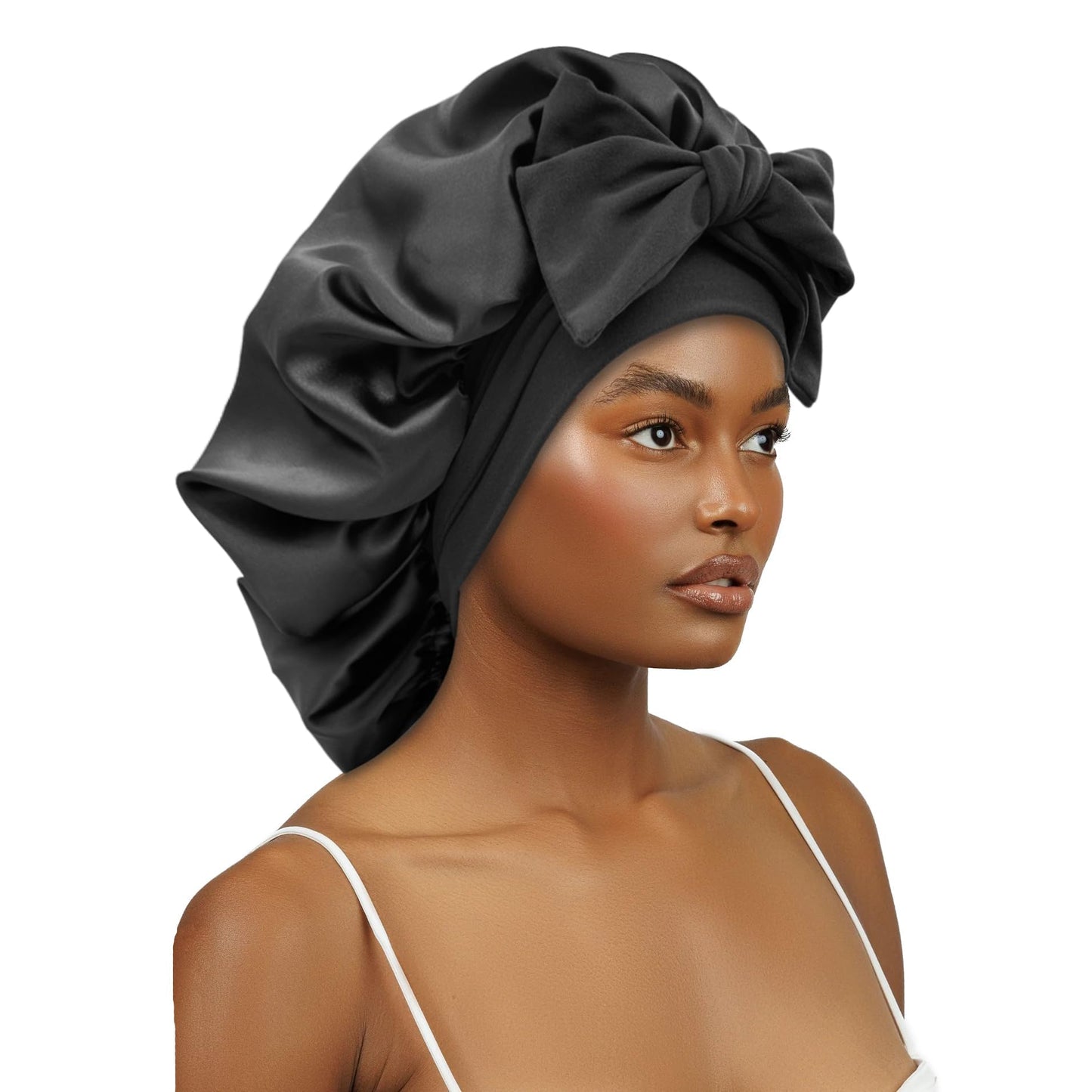 Satin Bonnet Silk Bonnet for Sleeping Women Hair Bonnet for Curly Hair Head Wrap Scarf Night Sleep Cap Bonnets for Black Woman Hair Accessories for Women Men Girls with Elastic Tie Band(Black)