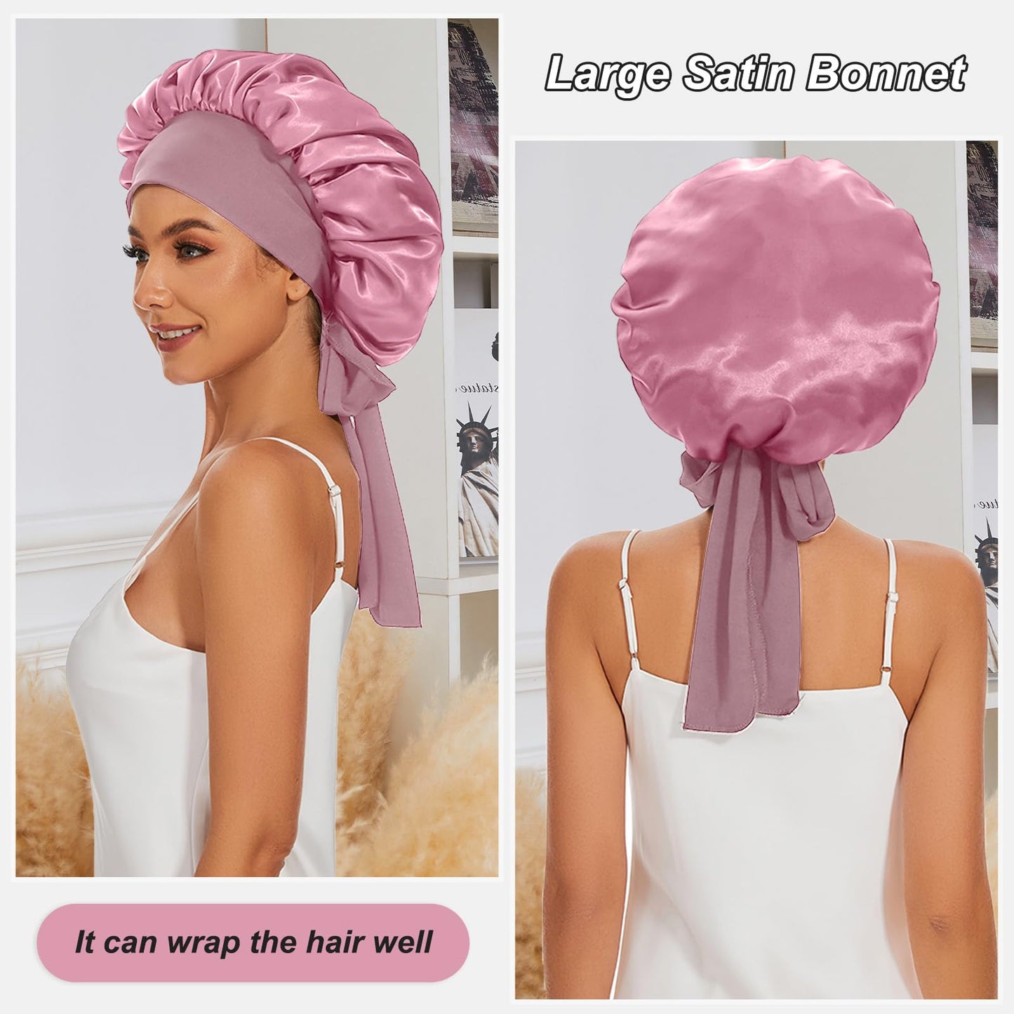 Satin Silk Bonnet Hair Bonnet for Sleeping Jumbo Sleep Cap, Bonnet for Women Curly Hair, Double Layer Bonnet with Tie Band, Shower Cap-Pink