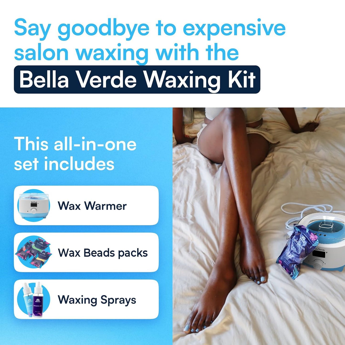 Bella Verde Waxing Kit - Home Wax Kit for Women and Men - Wax Warmer - 5+1 Packs of Wax Beads - Pre & Post Wax Spray 20 Wood Sticks - Hard Wax Beans for Brazilian Body Legs Eyebrows Face Lips