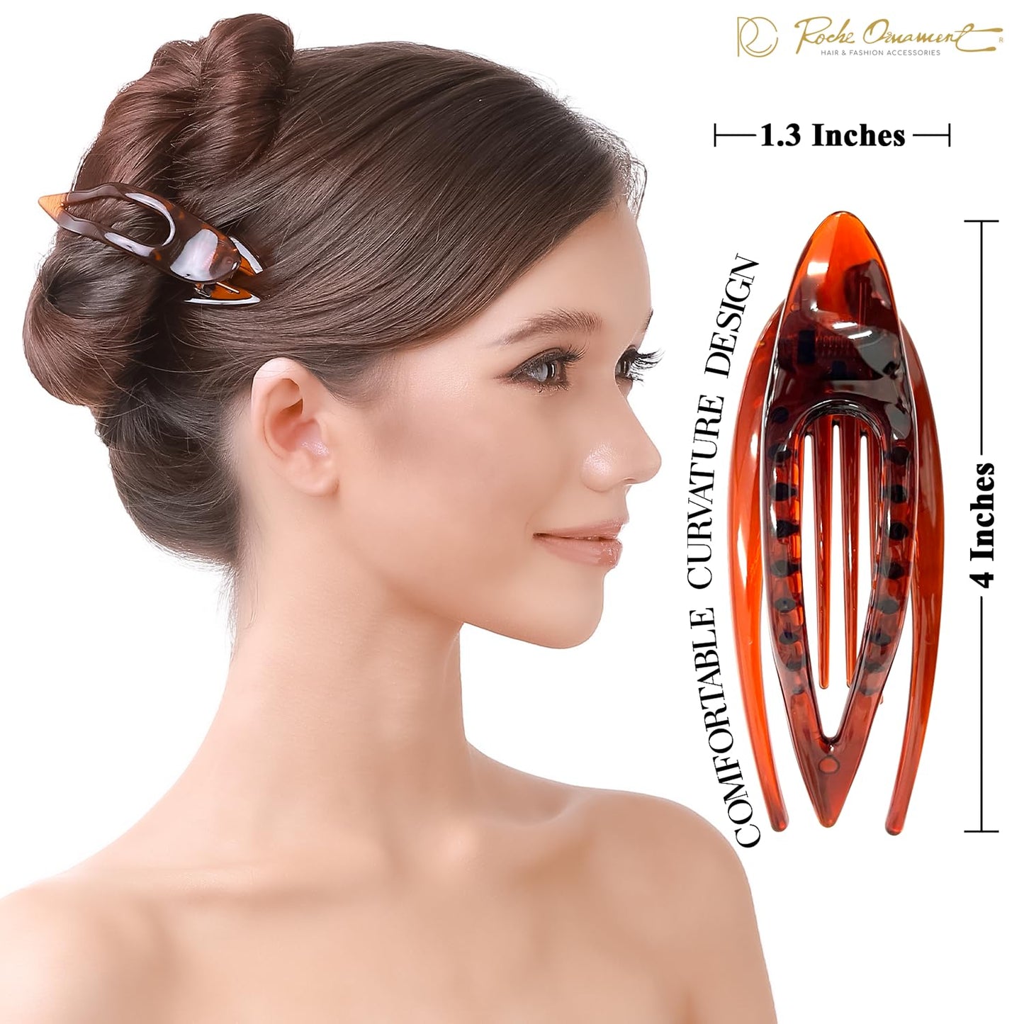 RC ROCHE ORNAMENT 6 Pcs Womens French Concord Curved Hair Clip No Slip Strong Grip Comfortable Hold Girls Ladies Beauty Accessory Pin Teeth Clamp, Medium Brown