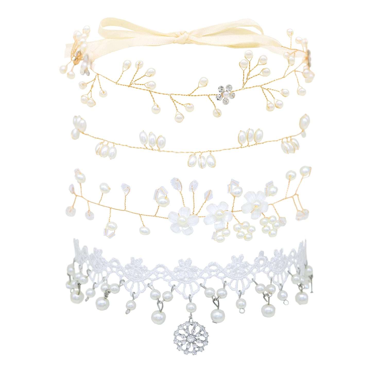 Braveamor Bridal Headpiece Headband Wedding Hair Vine with Pearls Bridal Headpiece Wedding Hair Accessories for Brides Bridesmaids Flower Girls (4 Pack)(Pattern 1-Gold)