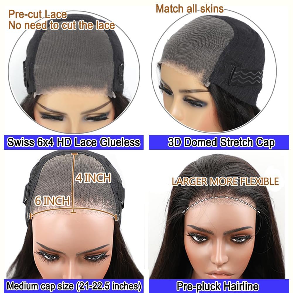 Wear and Go Glueless Wigs Human Hair Pre Plucked Pre Cut For Beginners 20 Inch Straight Lace Front Wigs Human Hair Glueless 6x4 HD Lace Closure Wigs Human Hair Straight wigs Human Hair for Women