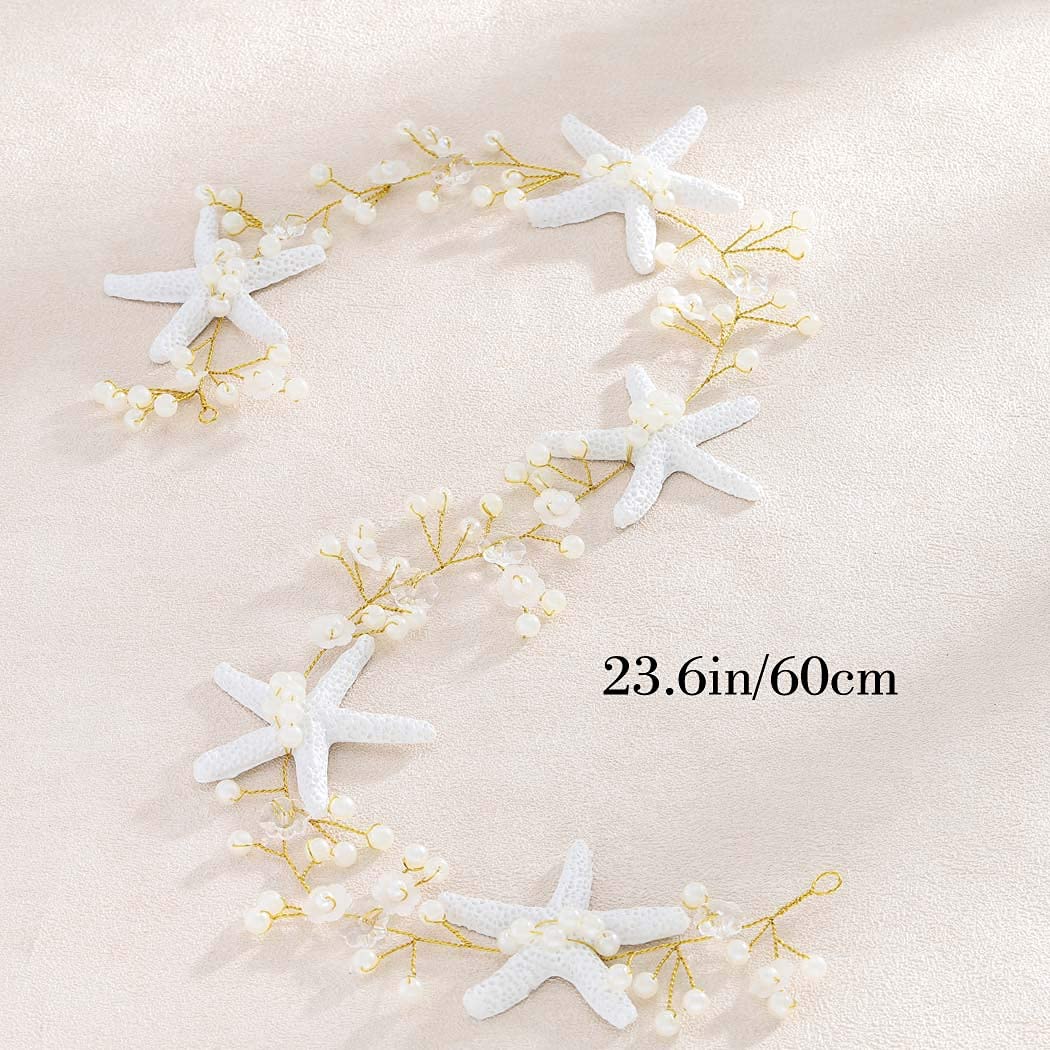 Unicra Starfish Bride Wedding Hair Vine Pearl Bridal Headband Headpiece Beach Wedding Hair Accessories for Women and Girls (Gold)