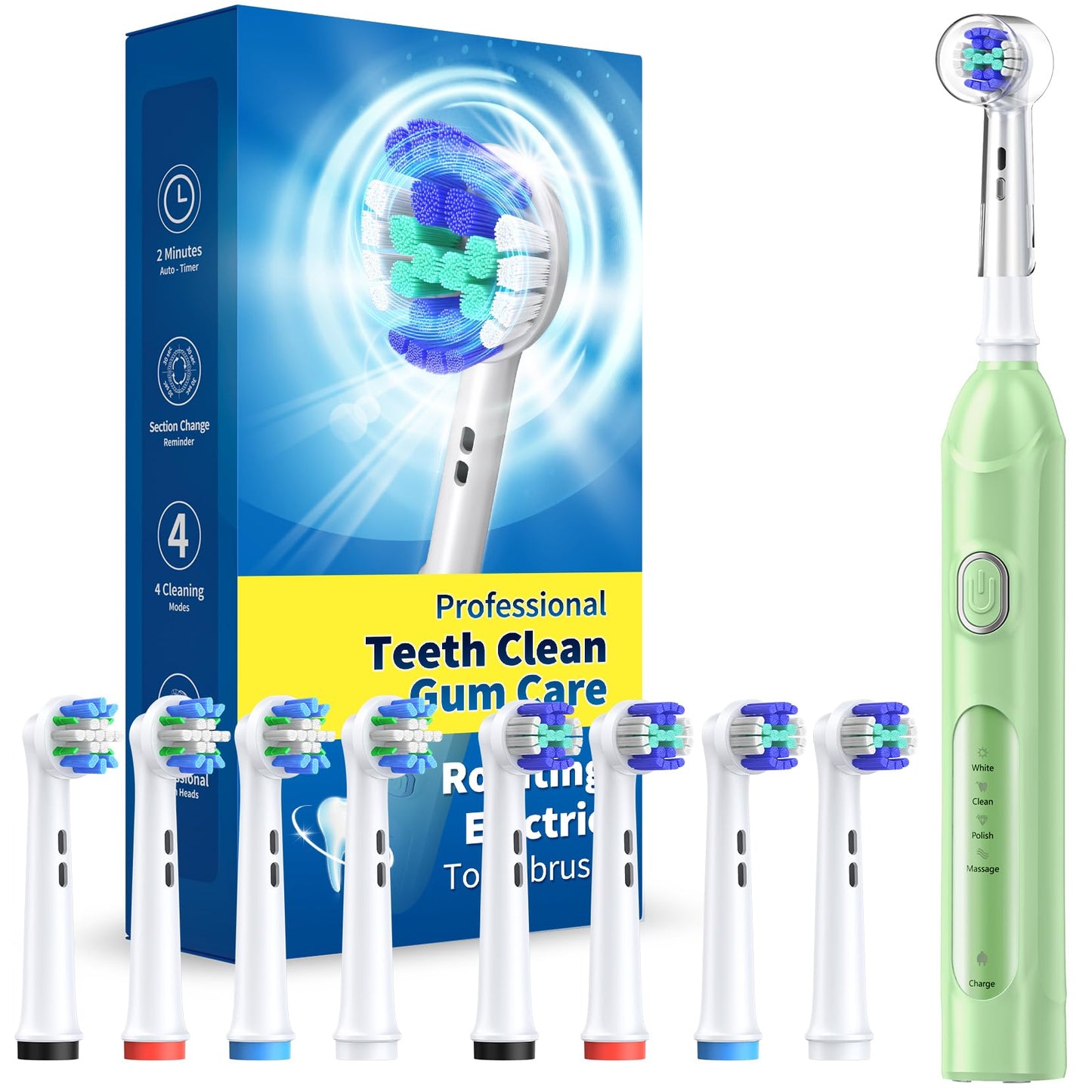 TEETHEORY Rotating Electric Toothbrush for Adults with 8 Brush Heads (2 Types), 4 Modes Deep Clean Electric Toothbrush with Rechargeable Power and 2 Min Smart Timer (6-Green, p1)